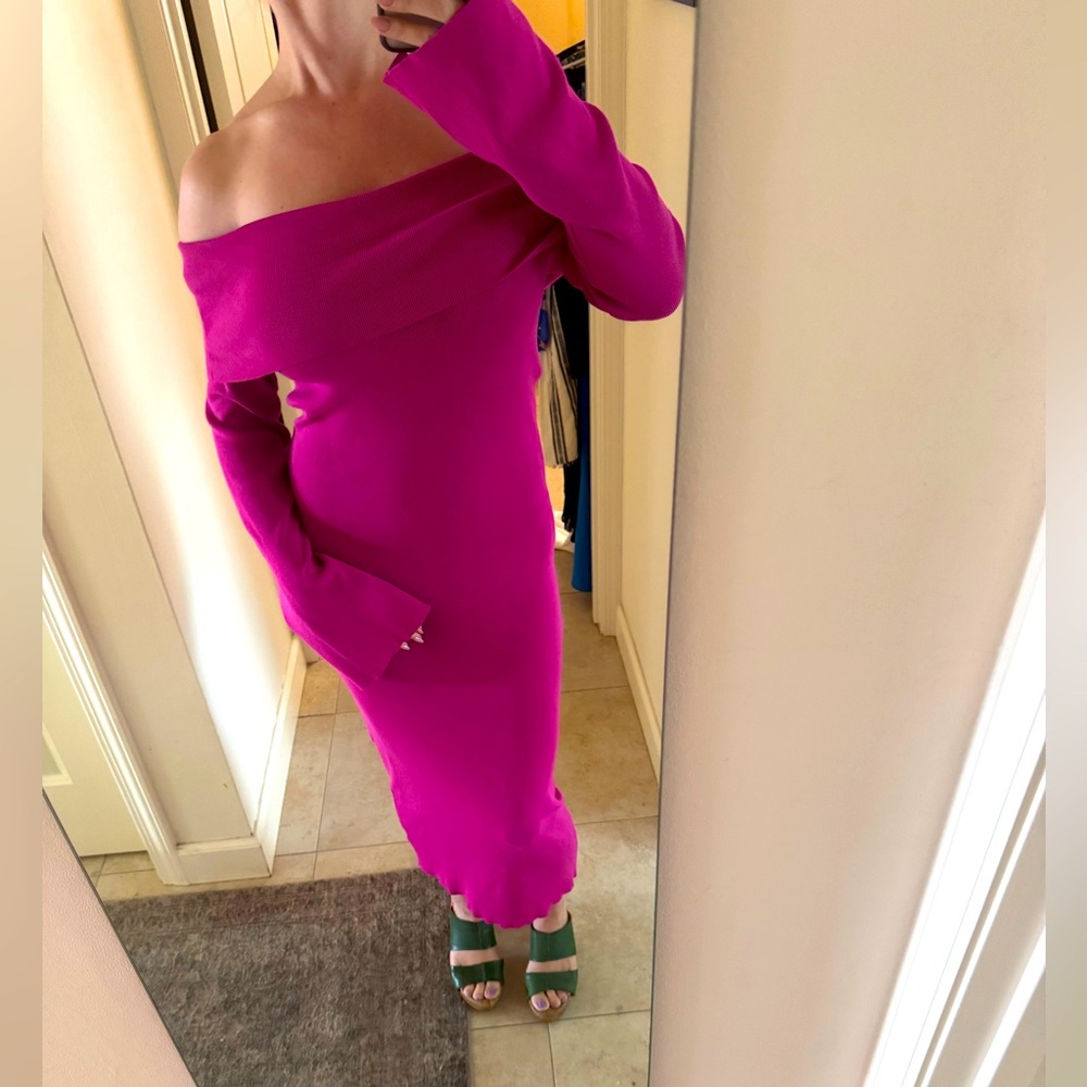SkyLar Rose off the shoulder midi sweater dress